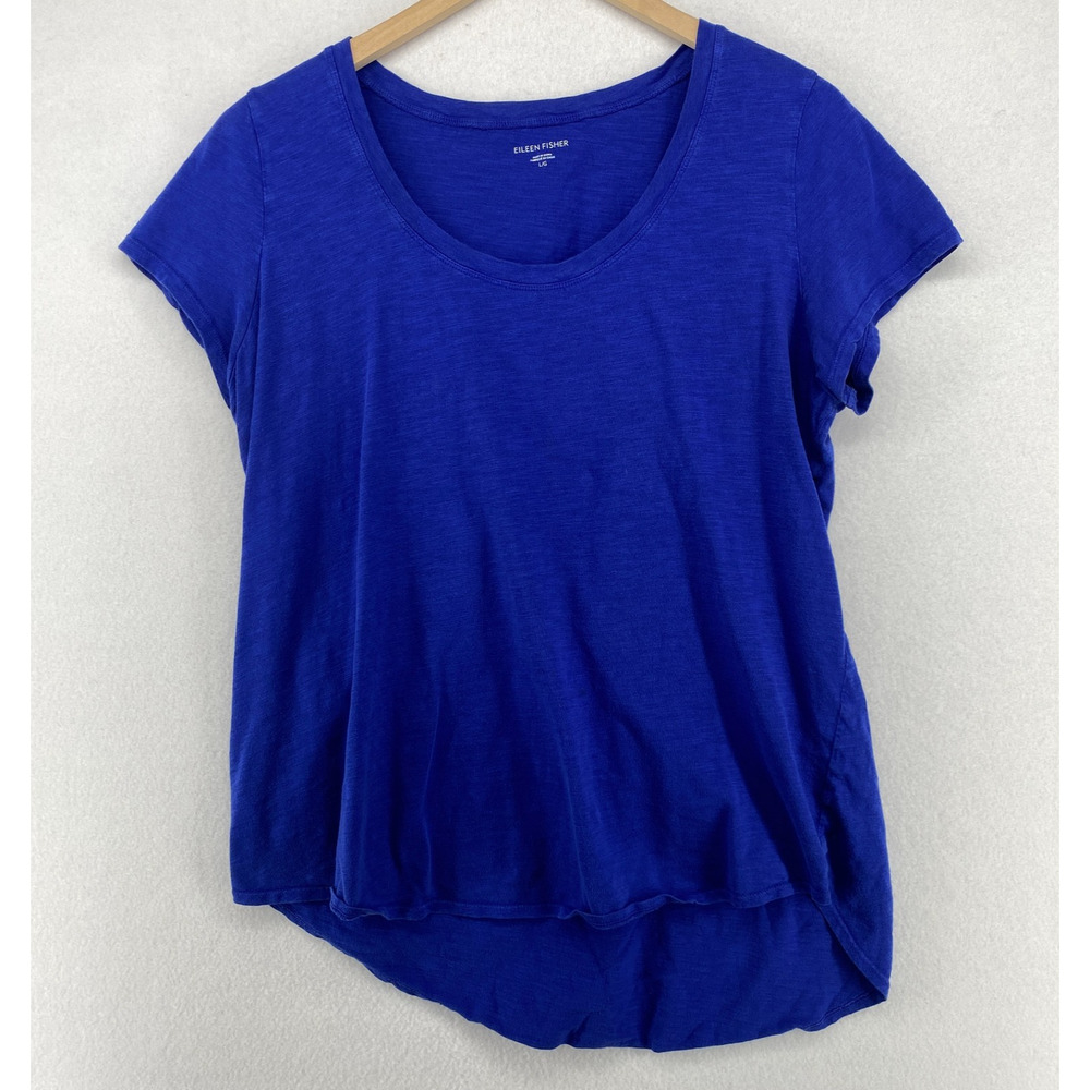 EILEEN FISHER Top L Organic Cotton Slub Jersey Scoop Neck Cap Sleeve Blue